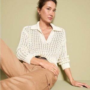 LOFT Cream V-Neck Open Stitch Knit Polo Sweater Size XS Petite